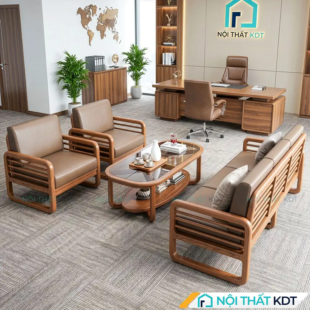Không gian làm việc trang bị bộ sofa nỉ S175-P màu nâu khung gỗ tần bì.