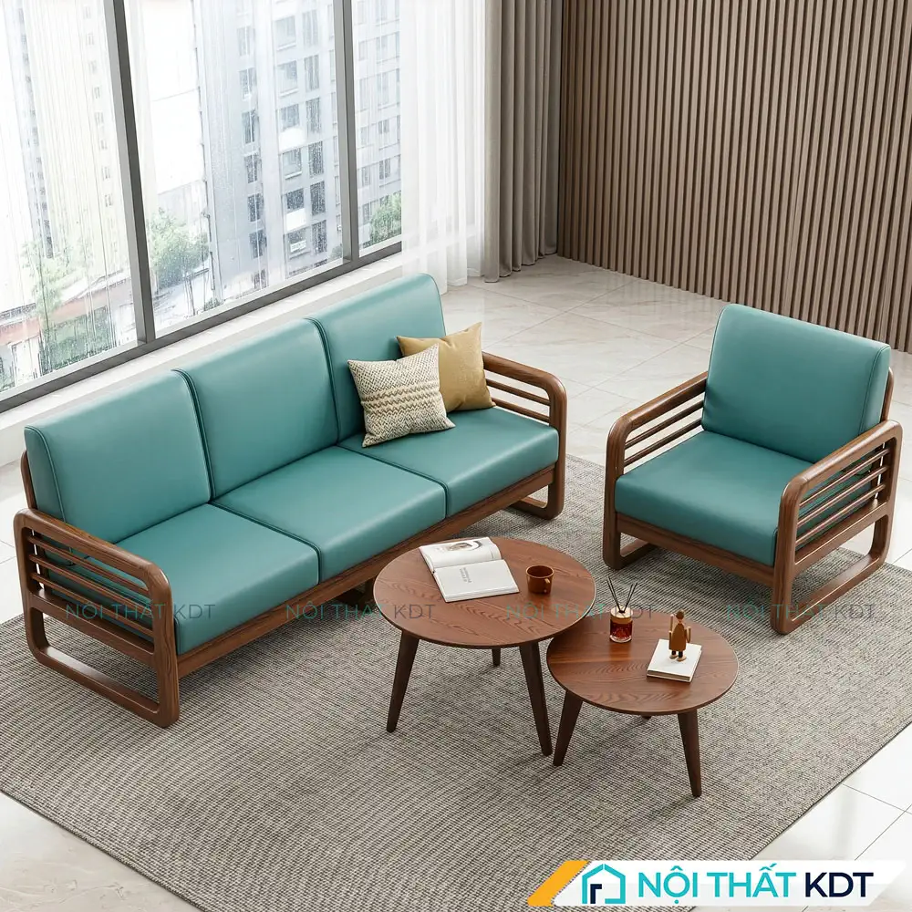 Bài trí ghế văng dài và ghế đơn sofa văn phòng S175-P màu xanh ngọc.