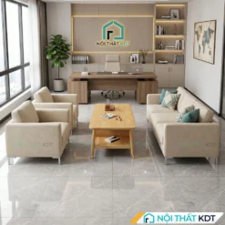 Sofa văn phòng nỉ S236 màu kem cùng bàn gỗ tự nhiên.