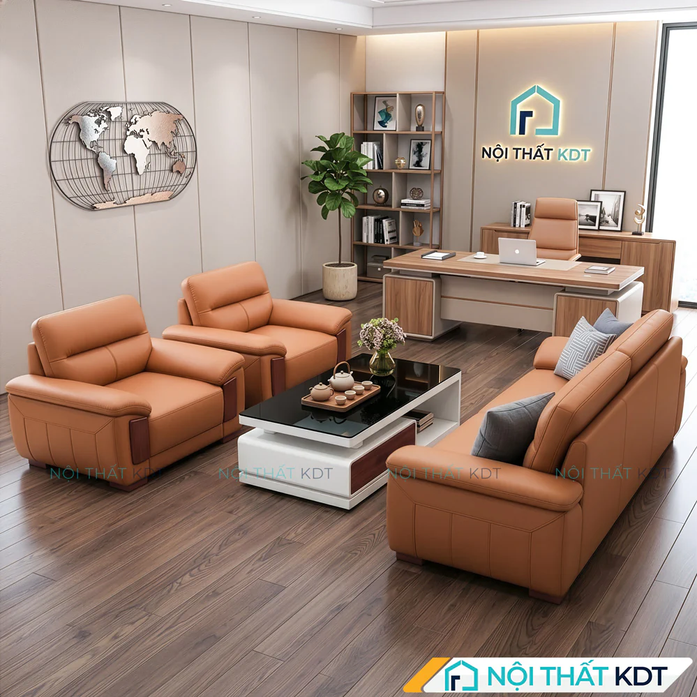 Sofa phòng giám đốc S639 màu da bò kết hợp bàn trà