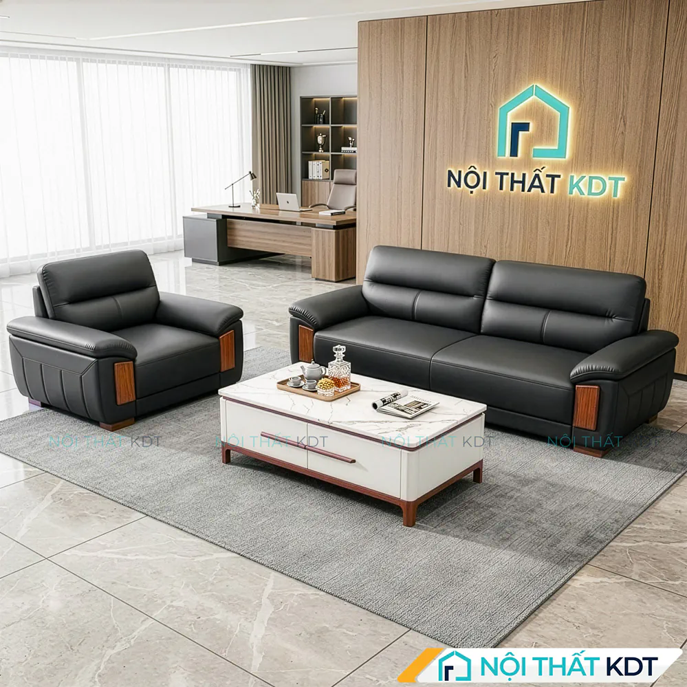 Bộ sofa văn phòng S639 bọc da màu đen kèm bàn trà