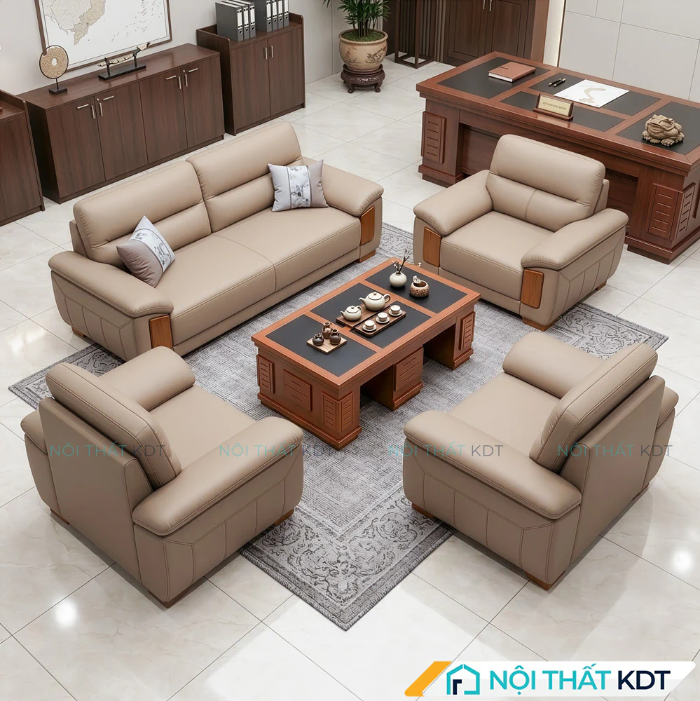 Sofa văn phòng S639 màu kem bọc da gồm 4 món