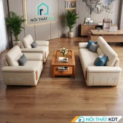 Bộ sofa văn phòng S639 da màu kem cùng bàn trà gỗ