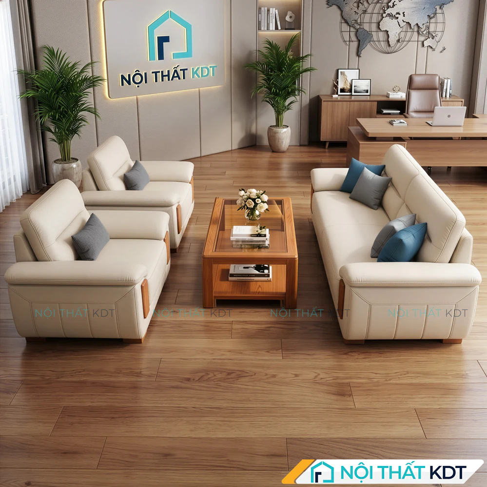 Bộ sofa văn phòng S639 da màu kem cùng bàn trà gỗ
