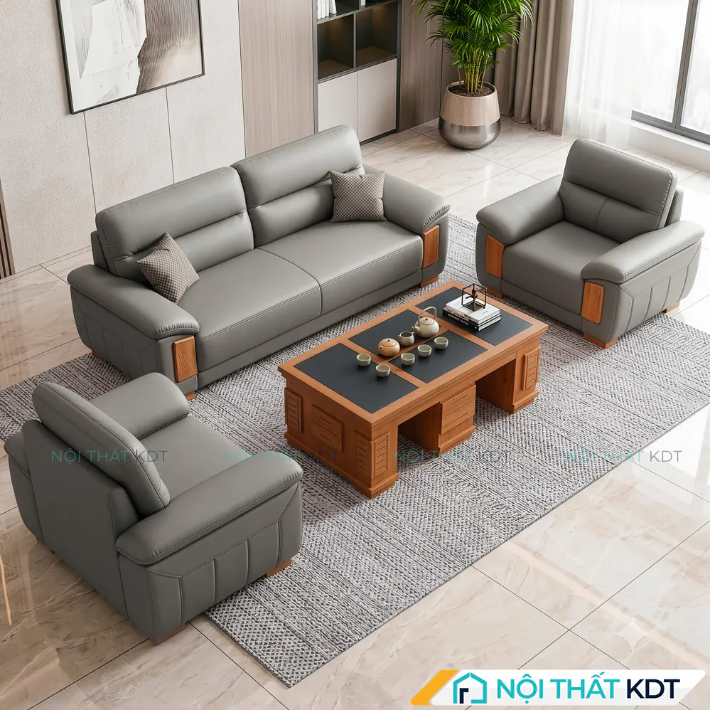 Bộ sofa văn phòng S639 màu xám bọc da khung gỗ