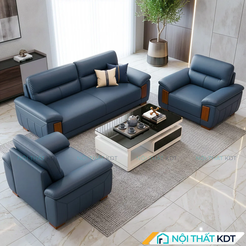 Bộ sofa văn phòng S639 da màu xanh kèm bàn trà kính