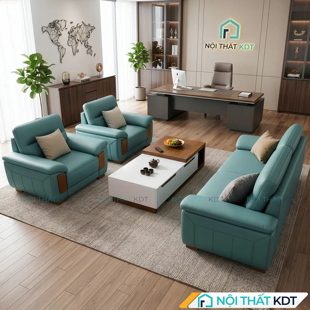 Bộ sofa da màu xanh ngọc S639 đặt trong phòng giám đốc