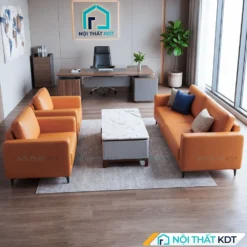 Sofa văn phòng da Cleo S667 màu cam trên sàn gỗ.