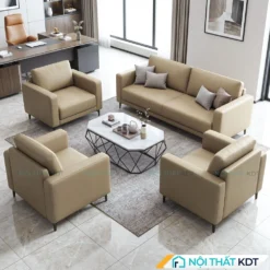 Sofa văn phòng da Cleo S667 màu kem với bàn trà lục giác.