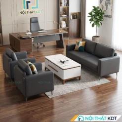 Sofa văn phòng da Cleo S667 xám đậm, bàn trà mặt đá.