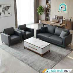 Sofa văn phòng da Cleo S667 xám đậm, sàn gạch bóng, thảm xám.