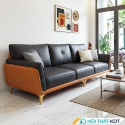 Sofa văng da phối màu đen và cam S202 góc chụp nghiêng