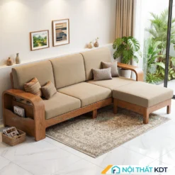 Sofa gỗ góc L S181 bọc nỉ màu be hiện đại