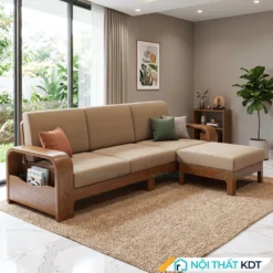 Sofa gỗ góc L S181 bọc nỉ màu nâu nhạt hiện đại