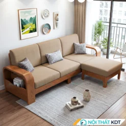 Sofa góc gỗ S181 bọc nỉ màu be phòng khách chung cư